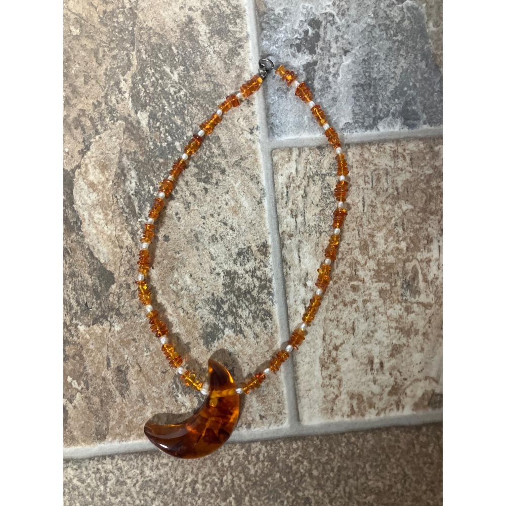 Amber‎ Moon Pendant Necklace Beaded Strand Orange Celestial Charm Jewelry